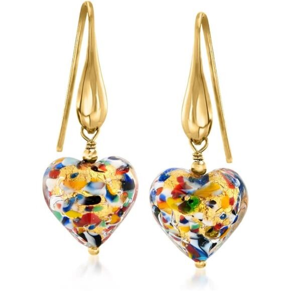 Ross-Simons Italian Murano Glass Heart Drop Earrings in 18kt Gold Over Sterling - Picture 1 of 7